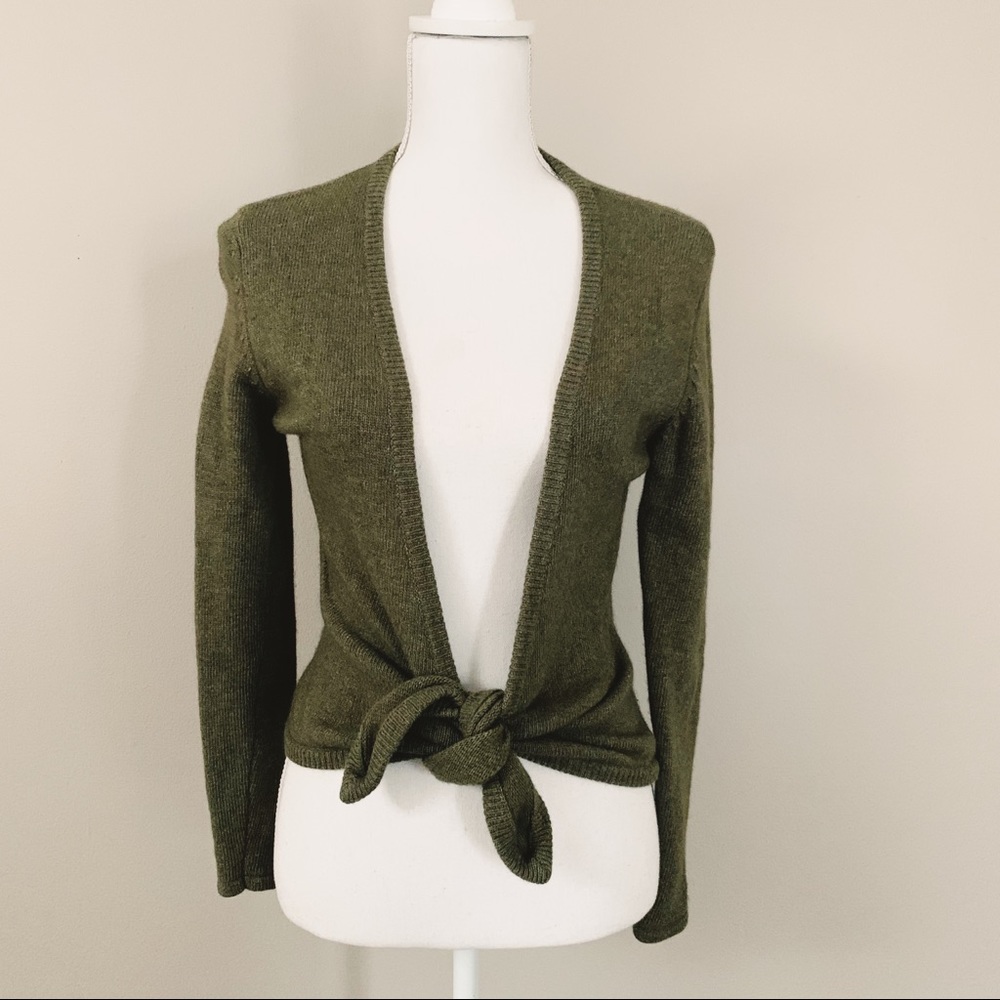 Anthro Isabella Bird Cashmere Angora Blend Olive Tie Front Cardigan